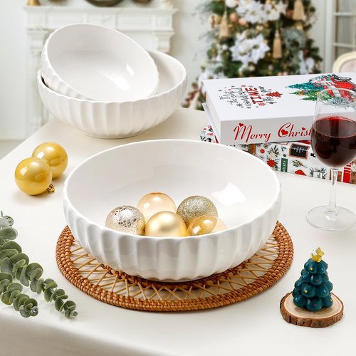 NUTRIUPS Extra Large Serving Bowls, 155/84/50 oz Nesting Ceramic Salad Bowl for Entertaining Party, 12/10/8 in White Bowl