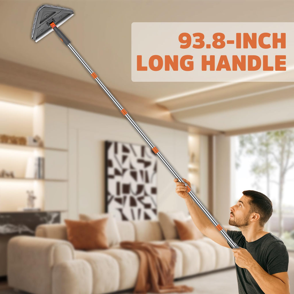 UIMO Wall Cleaner Mop with 94" Long Handle, 2-in-1 Triangle & Rectangle Head with Squeegee, 10 Washable Pads, Baseboard Cleaner Tool for Walls Scrubber, Ceilings, Windows, Glass, Fans, Doors, Corners