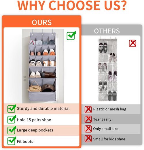 FENTEC Over-The-Door Shoe Organizer - 15 Pocket Hanging Rack for Closet Storage | Gray