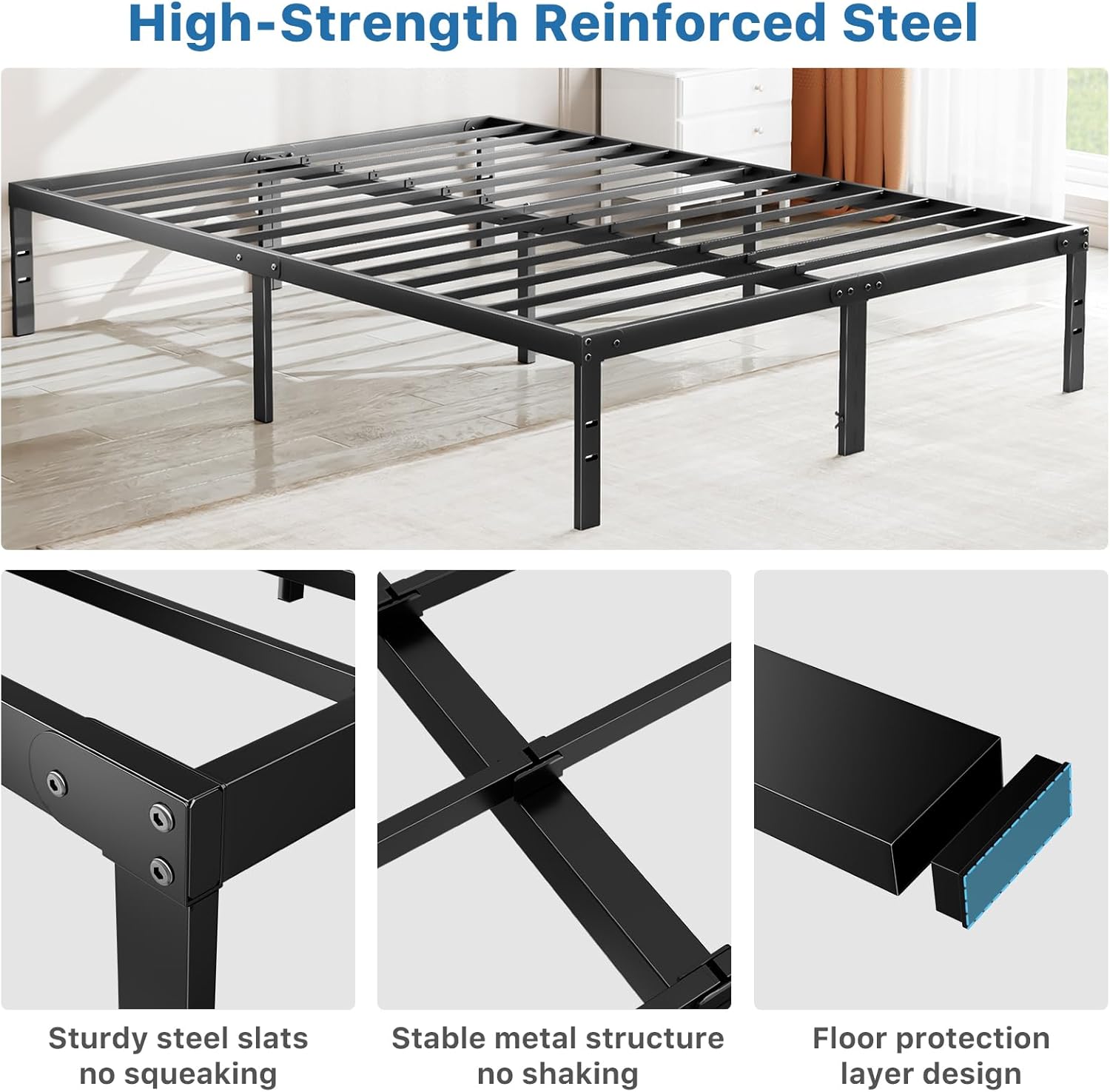 OLIXIS Metal Queen Bed Frame - 14" High, Sturdy Steel Slat Support, 2200lbs Capacity, Black
