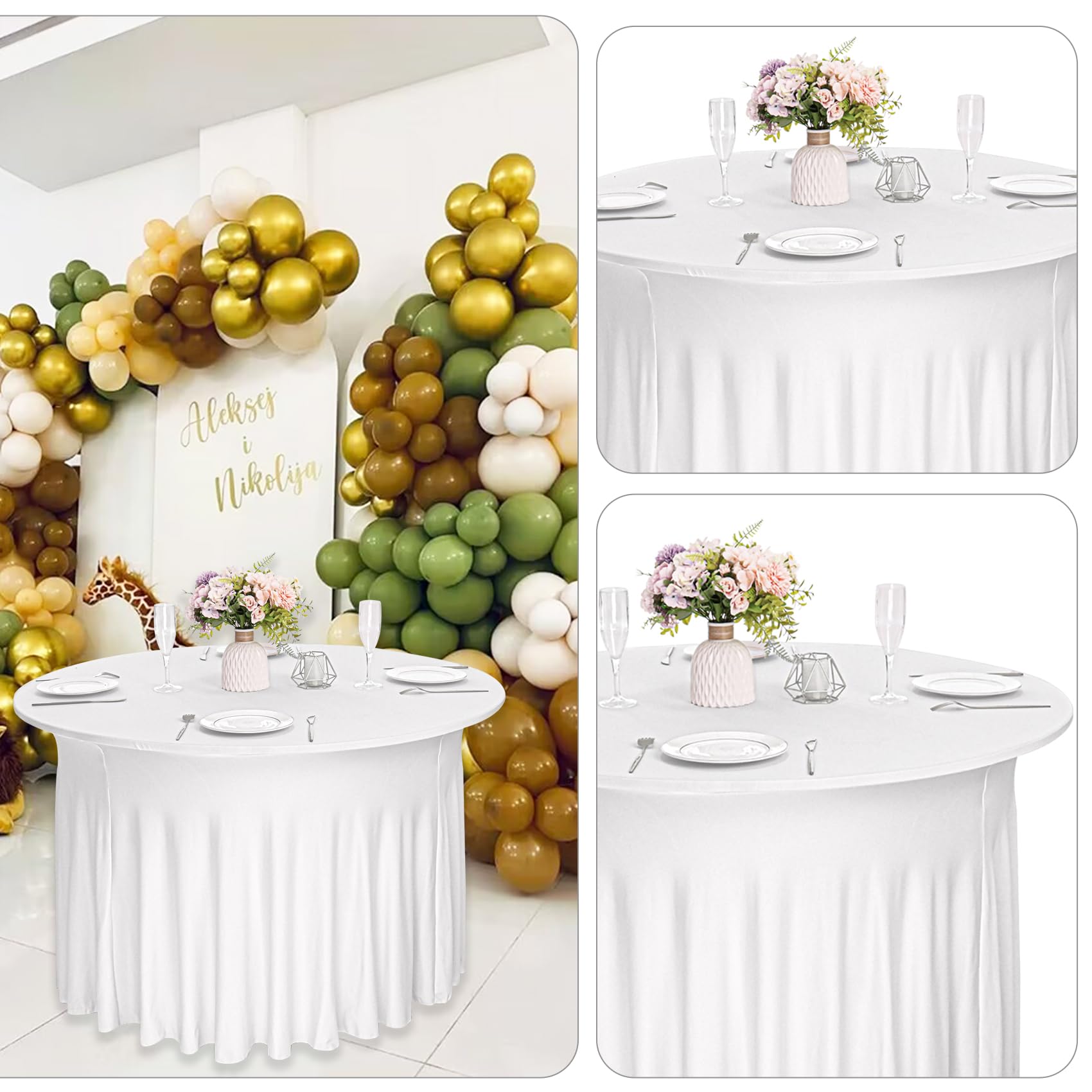 JALANCY 4 Pack 6FT Spandex Table Skirts Round Spandex Fitted Table Cover 72 Inch Washable Table Cloth for Wedding Trade Baby Shower Banquet Dining Table (White, 6FT)