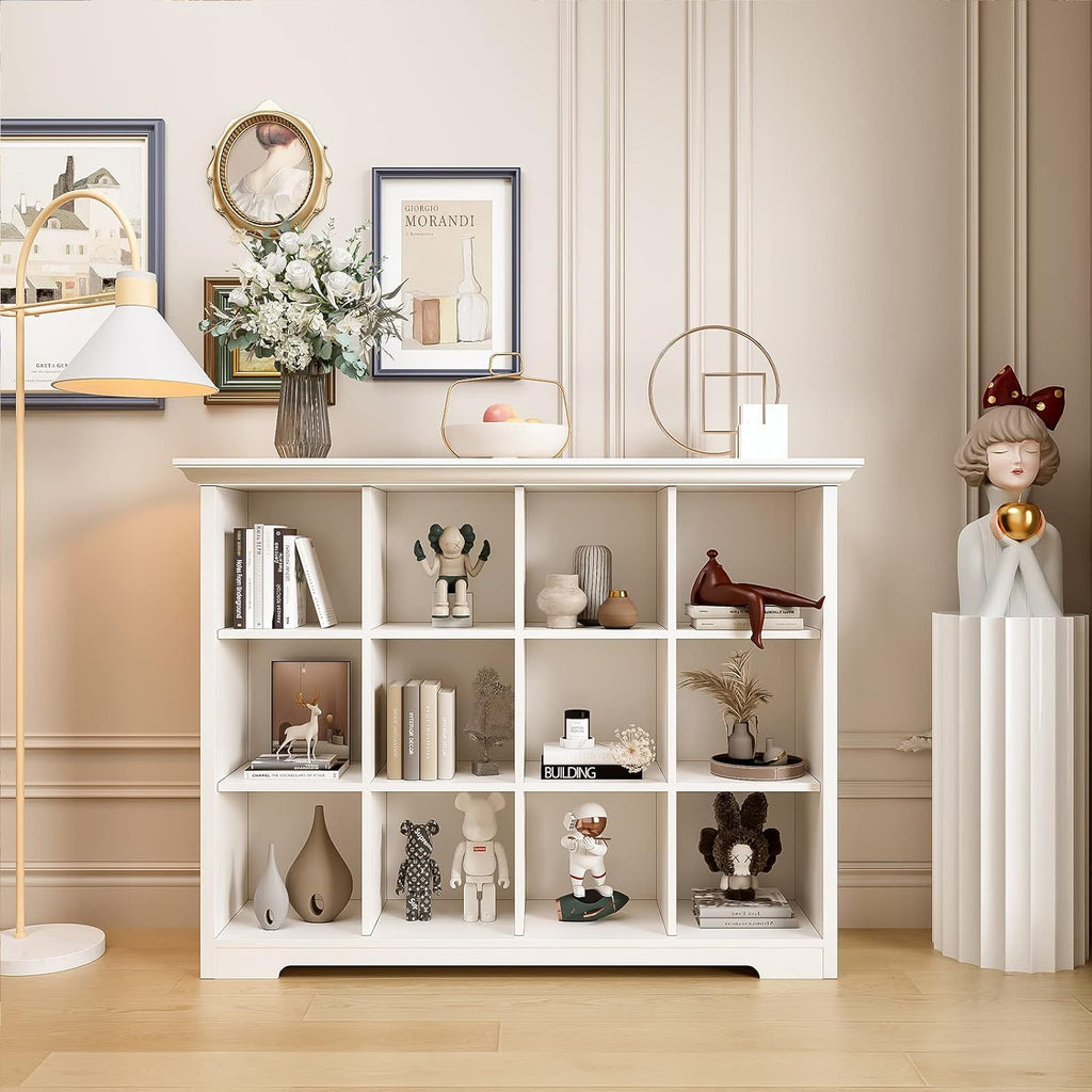 OSCHF Wooden Cube Bookcase - Modern 3-Tier Floor Standing Shelf Cabinet, 12-Cube Design in Warm White