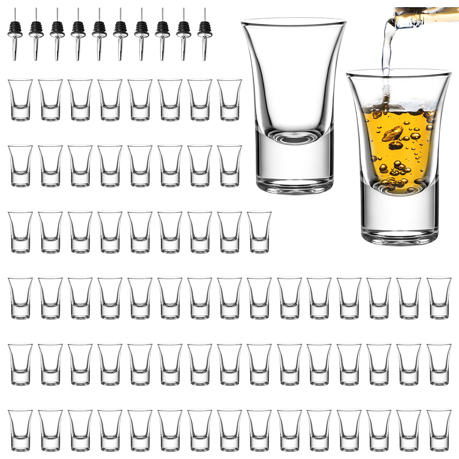 SUN GKOTTA 72-Pack 1 OZ Glass Shot Glasses set with 10 Pourers - Heavy Base shot Glasses bulk for Bar, Party, and Gifts
