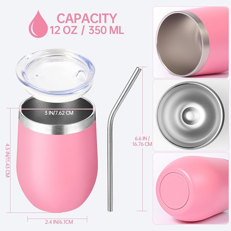 12oz Stainless Steel Wine Tumbler with Lid – 12 Pack Pink, Double Wall Insulated, Reusable Travel Mug