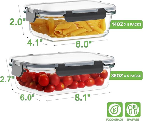 HOMBERKING Borosilicate Glass Meal Prep Containers - Airtight & Leak Proof | 10 Pack, BPA-Free, 36oz & 14oz