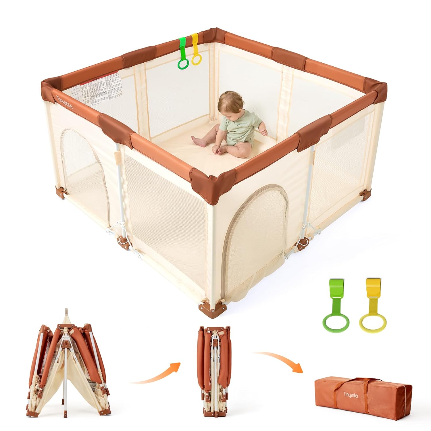 Tinyiota Foldable Baby Playpen - 50x50 Inch Portable Play Yard with Soft Mesh & Storage Bag (Brown)