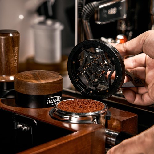 IKAPE Mantis WDT Distribution Tool with Clean Brush, V3-54mm Espresso Stirrer for Barista - 8 Needle Espresso Stirrer with Dosing Funnel & Stand, Adjustable Needle Height, Walnut Handle