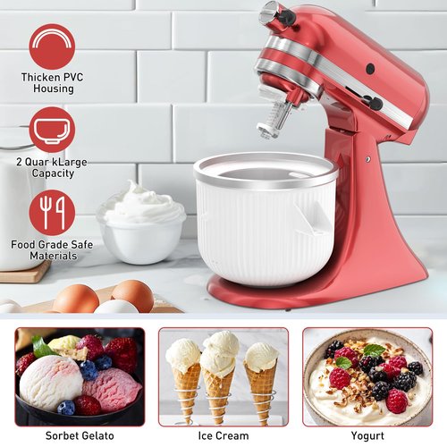 Ice Cream Attachment for KitchenAid Mixer, Ice Cream Bowl Compatible with 4.5Qt and 6QT Or Larger Stand Mixers KitchenAid Attachment, Frozen Yogurt & Sorbet Gelato Maker Attachment, 2 Qt White