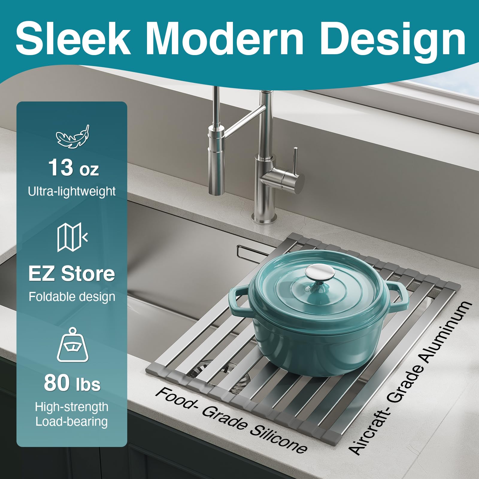 COOL-ANGLE Aluminum Roll Up Dish Drying Rack Over The Sink, 17.7" x 13.4" Rust-Proof Foldable Dish Drainer Mat, Heat Resistant Trivet & Kitchen Sink Cover, Fits Sinks up to 16.8" Wide, Matte Gray