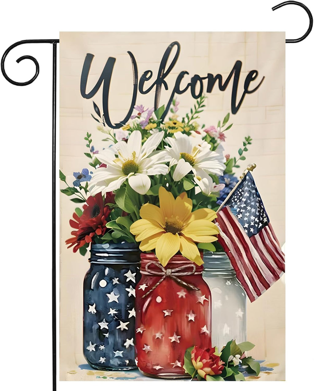 Patriotic 4th of July Mason Jar Flowers Garden Flag - Double-Sided Burlap 12x18 for Summer Celebrations