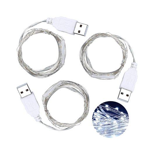 Soseelnee USB Fairy String Lights, 2m/6.56ft 20 LEDs USB Plug and Play Indoor DIY Decor Lamp for Parties Christmas Tree-Silver Wire Light 3 Pack (White)