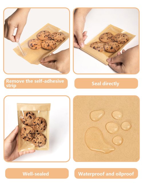 100 Pack Self Sealing Cookie Bags with Seal, 4x6 Inch Cookie Bags with Window for Gift Giving, Grease Resistant Bakery Treat Packaging for Candy, Snack, Scone, Brownie, Small Pastries and other Treats