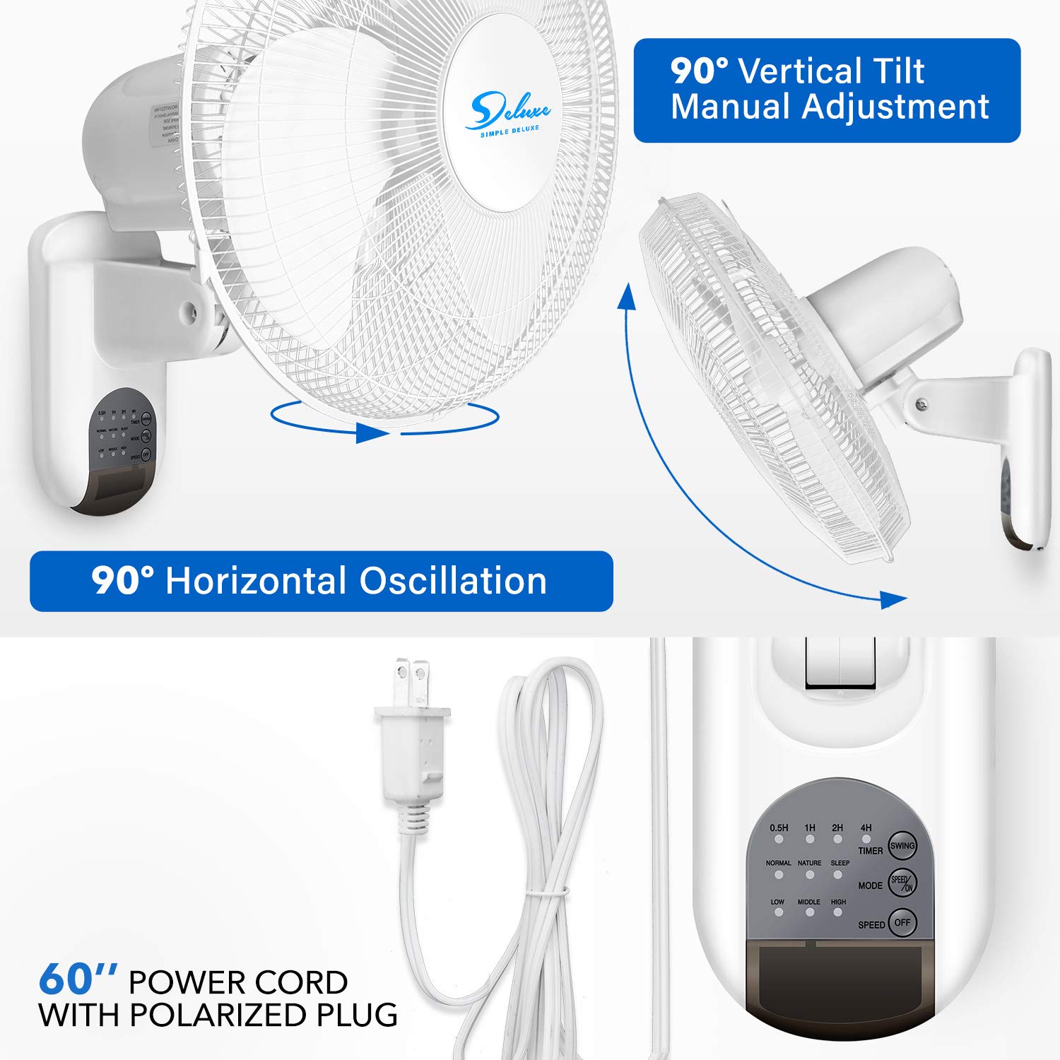 Simple Deluxe 16 Inch Wall Mount Fan with Remote Control, 3 Oscillating Modes, 3 Speed, Timer, 1 Pack
