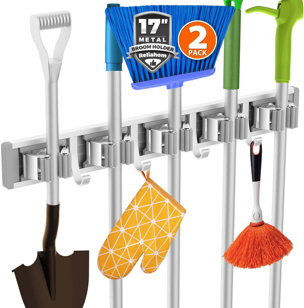 Reliahom Broom Holder Wall Mount - 2 Pack with 5 Racks & 4 Hooks for Garage, Kitchen, Garden Storage