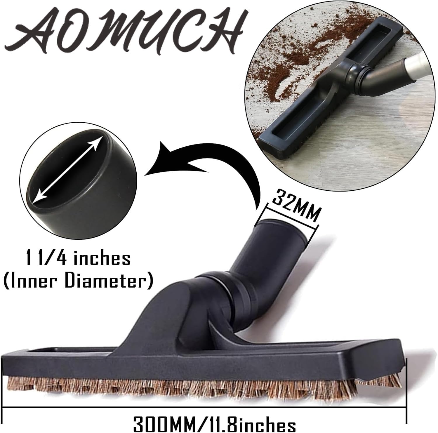 AOMUCH 12" Universal Vacuum Cleaner Attachment 360° Swivel Floor Brush Tool 1.25" 32mm ID Vacuum Brush Accessorie