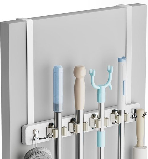 Lorbro Broom Holder - Over The Door Mop Organizer with 4 Slots & Hooks | Rustic Wood Tool Rack for Laundry, Garage, Kitchen