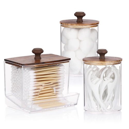 Tbestmax Qtips Holder Bathroom Container, 10oz Big Qtips Dispenser Cotton Ball Holder, Clear Plastic Apothecary Jar Organizer for Storage Cotton Swab, Round Pads, Floss Picks