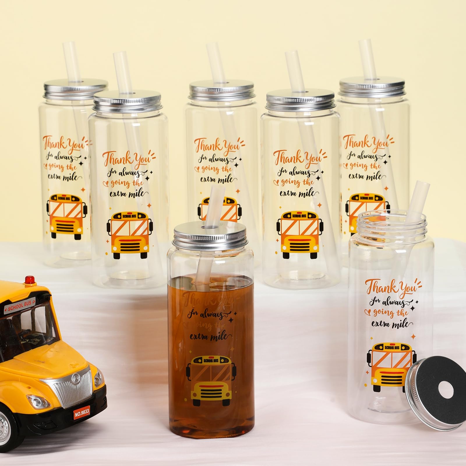 Skylety 24 Pcs School Bus Driver Gift Cup Bulk, School Bus Driver Appreciation Gifts 4 oz Plastic Cup Thank You for Always Going The Extra Mile Tumbler with Lids and Straws for Men Drivers
