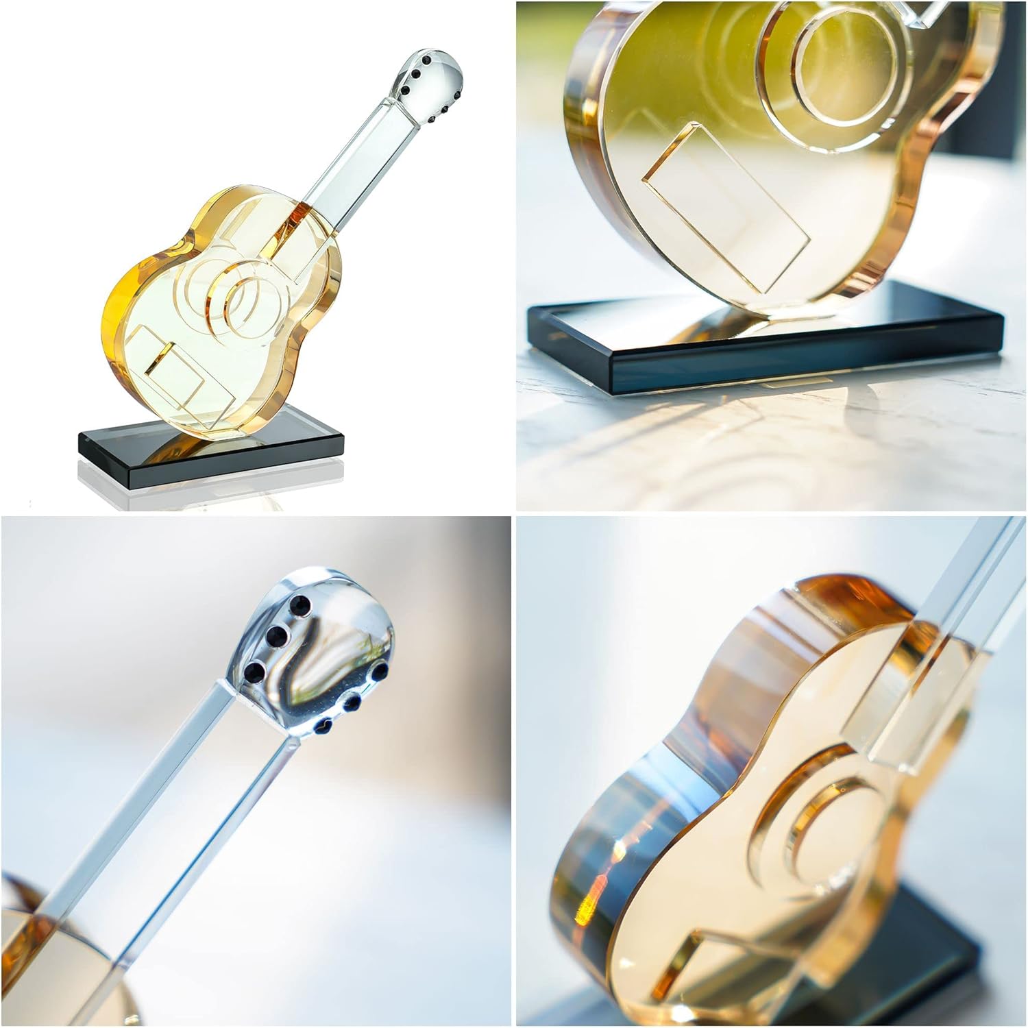 QFkris Crystal Guitar Figurine - Blown Glass Musical Sculpture & Paperweight | Champagne Color