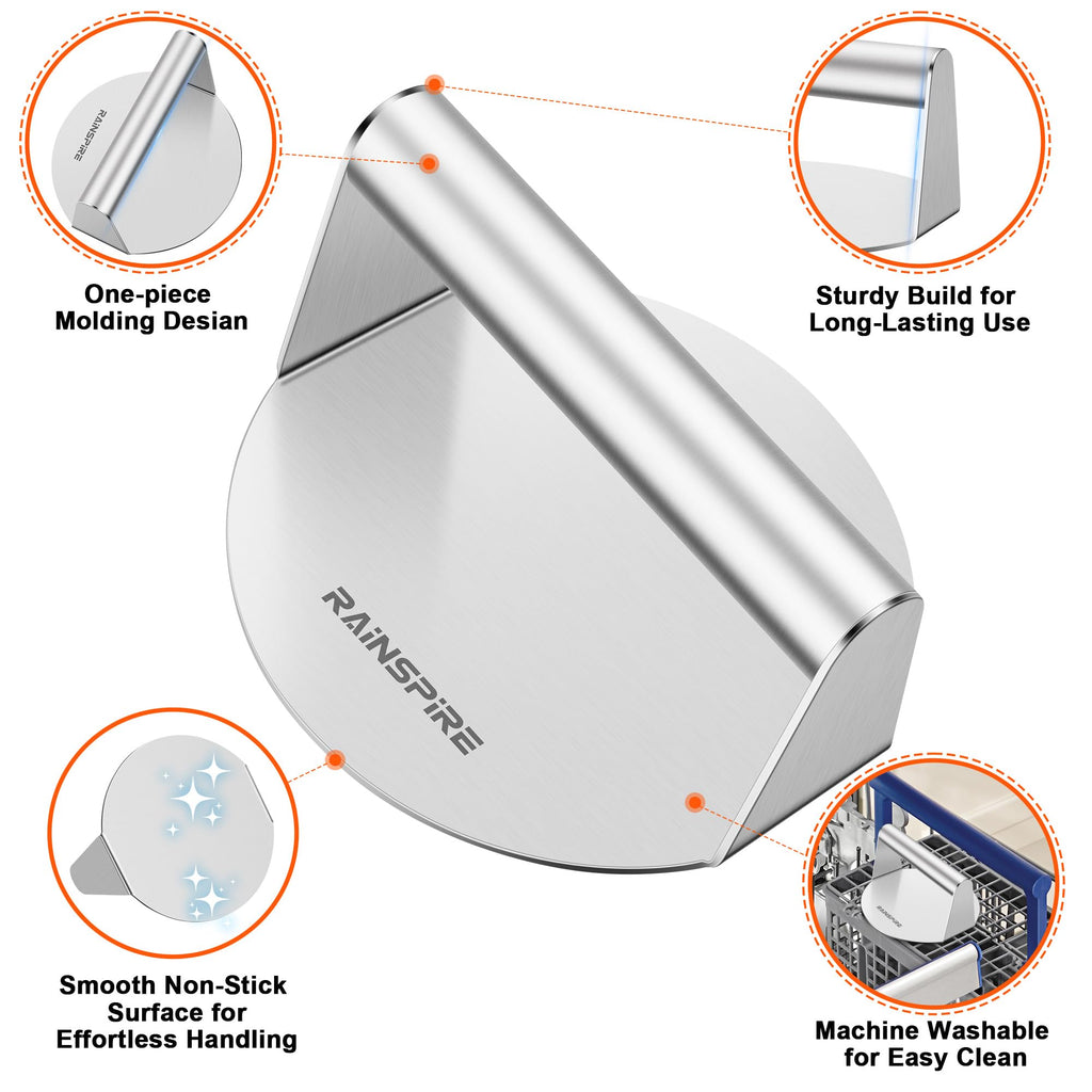 Rainspire Upgraded 304 Stainless Steel Smash Burger Press 5.5 inch Burger Smasher Hamburger Smasher Tool for Griddle, Perfect for BBQ Grill Cooking Gifts for Chef, Silver (6 inch)