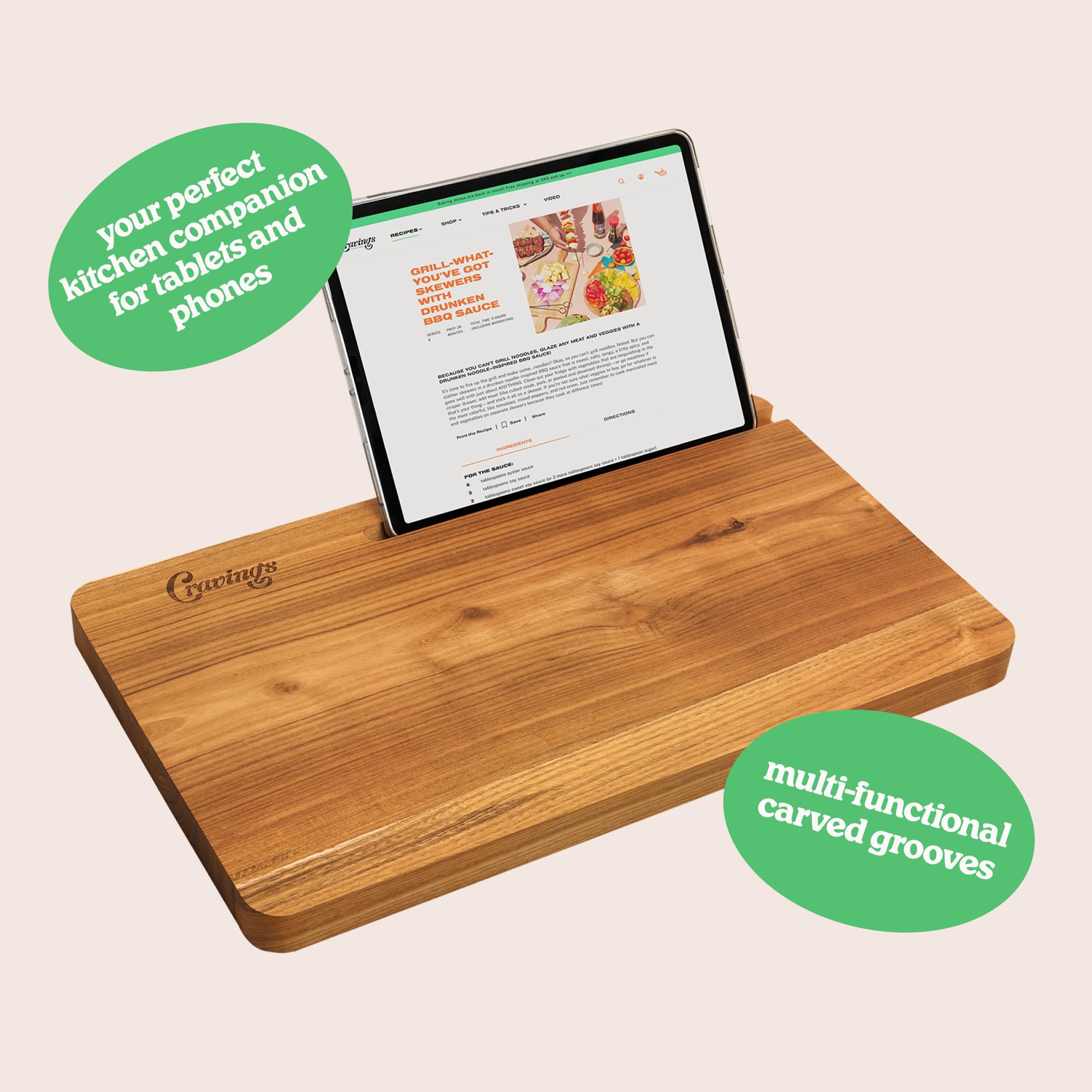 Cravings Chop-Chop Teak Cutting Board – 20x12-Inch Wooden Chopping Board with Carved Grooves for Phones/Tablets – Best Cutting Board for Kitchen and Meat Prep, Made from Natural Teak Wood