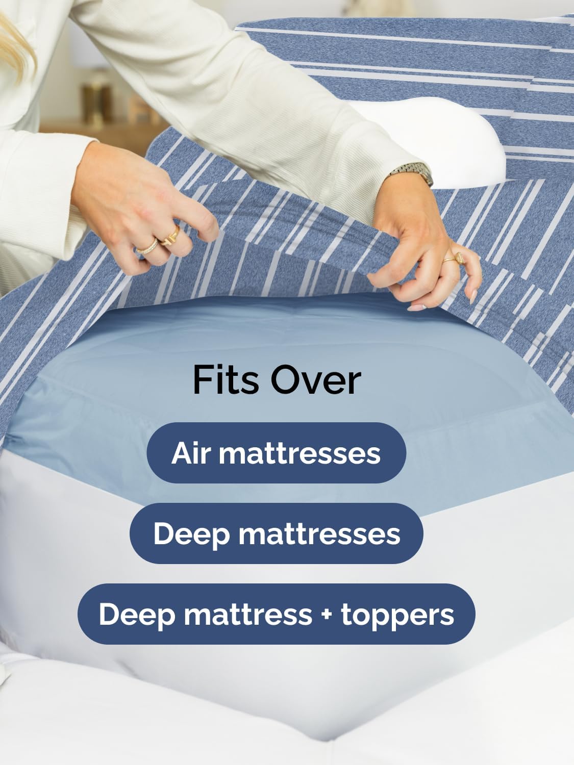 Skiennix Extra Deep Split King Sheet Set - 7 Piece Breathable Cooling Bedding - Soft Wrinkle-Free Blue Stripes