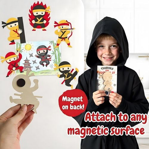 12 Pack Ninja Party Favors for Kids - Individually Wrapped Paint Your Own Wooden Magnet Craft Kits with Thank You Card, Stealthy Birthday Decorations for Boys & Girls