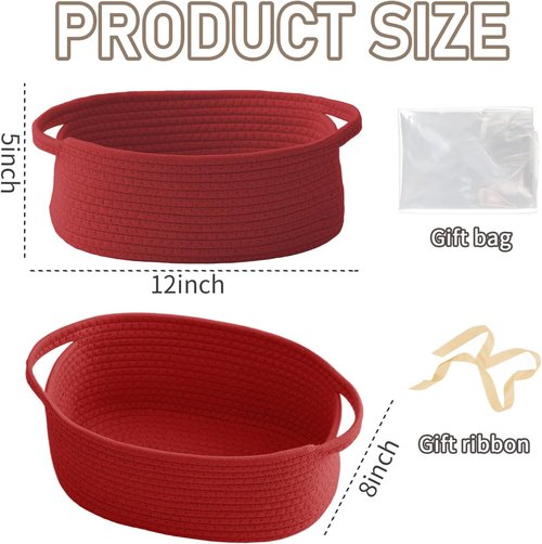 JMvicyroam Woven Storage Baskets - Small Rope Bins with Handles for Organizing Shelves | Red, 2-Pack