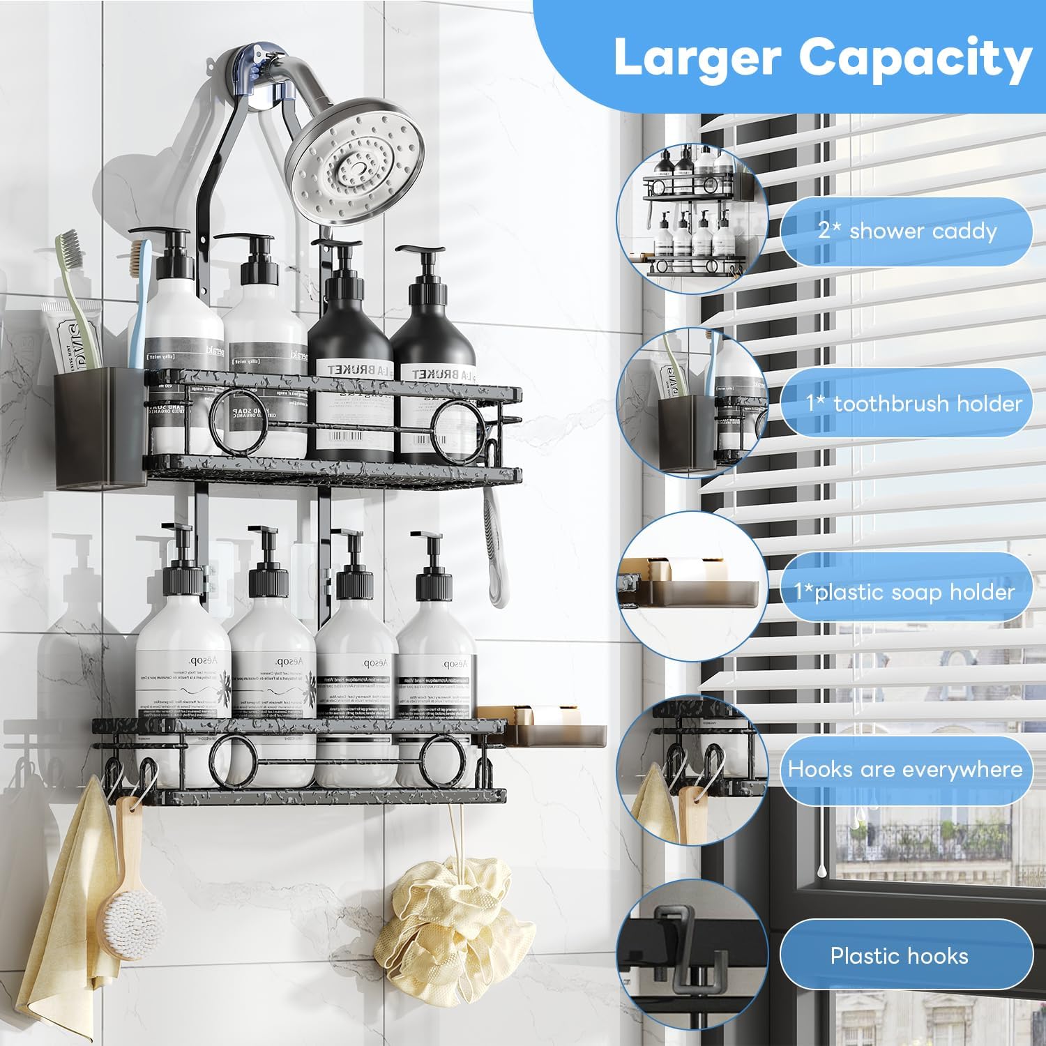 Skiennix Adjustable Shower Caddy - Rustproof Large-Capacity Bathroom Organizer with Hooks for Razors