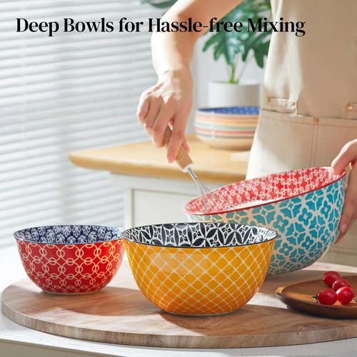 DOWAN Ceramic Mixing Bowls - Colorful Nesting Bowls for Cooking & Baking | Set of 3 (3.7/2/1 Qt)