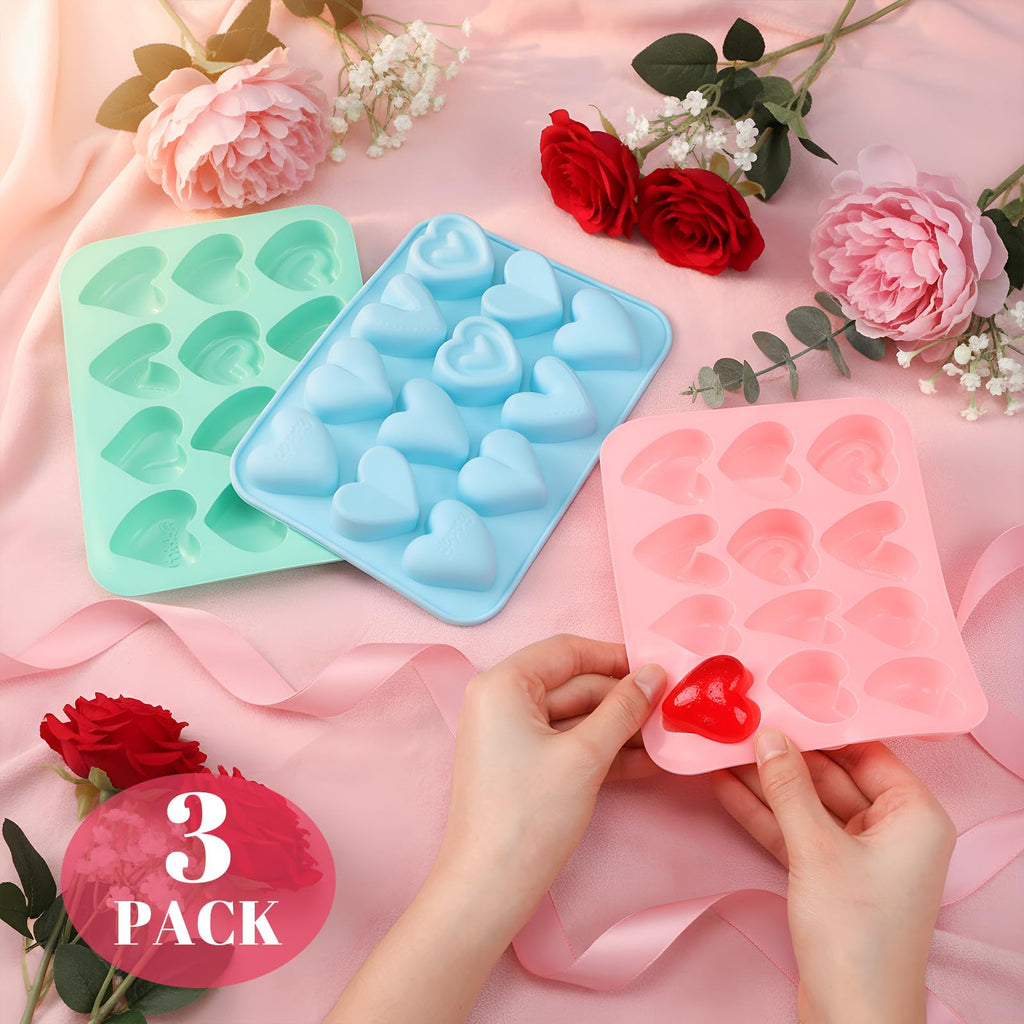 Qinyoung 3 Pcs Heart Shaped Silicone Molds Nonstick Heart Chocolate Muffin Molds for Ice Cube, Candy, Brownies, Jelly, Tartlets, Soaps, Pudding, Dessert Baking Making(Large,12 Holes,Pink,Blue,Green)