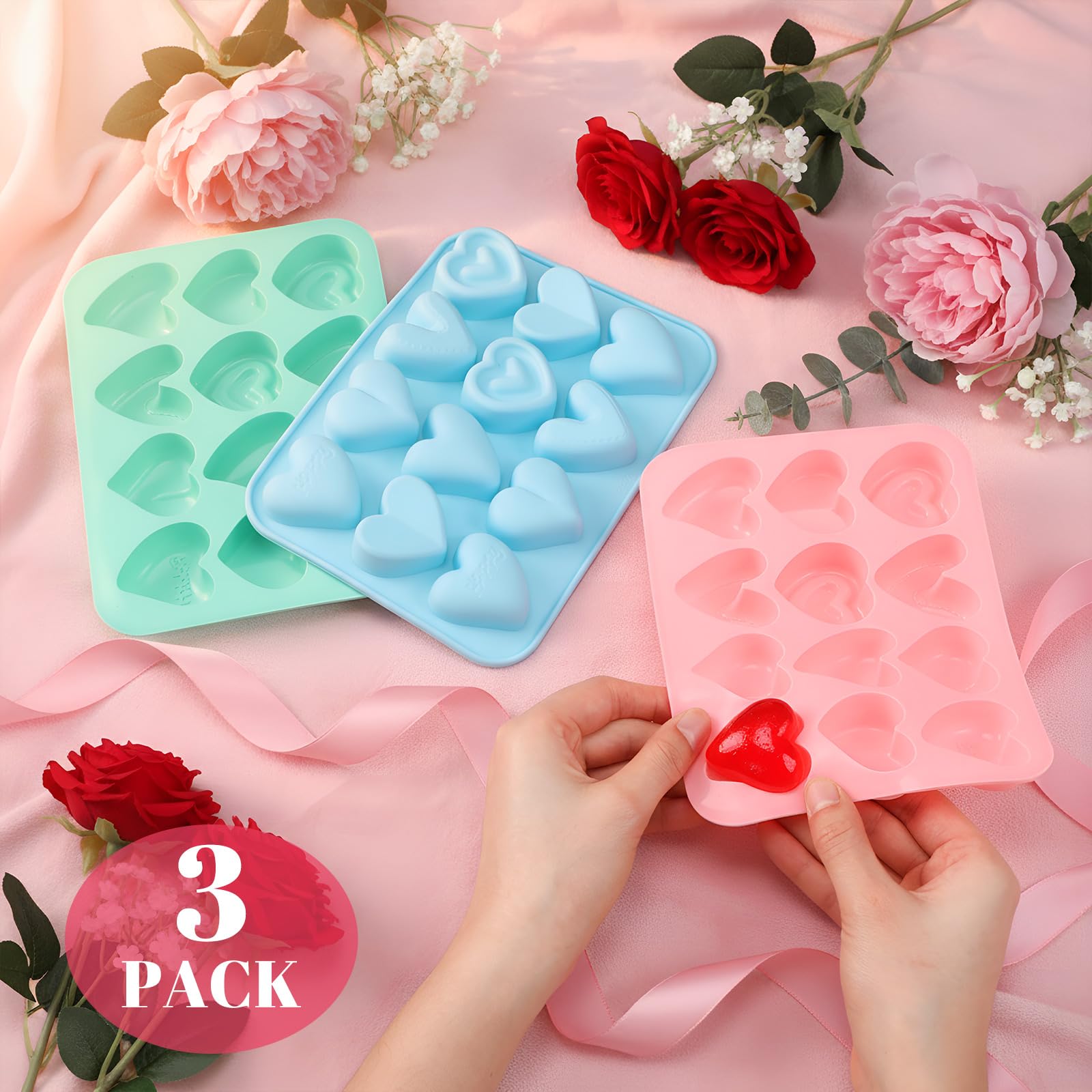 Qinyoung 3 Pcs Heart Shaped Silicone Molds Nonstick Heart Chocolate Muffin Molds for Ice Cube, Candy, Brownies, Jelly, Tartlets, Soaps, Pudding, Dessert Baking Making(Large,12 Holes,Pink,Blue,Green)