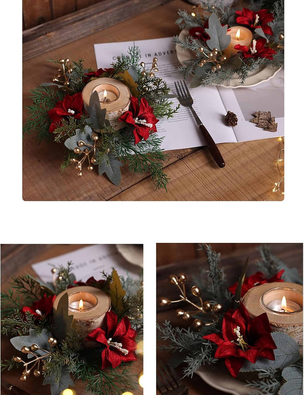 Regine Switzerland Christmas Candle Rings - Festive Pine Needles & Red Berries | Winter Table Centerpiece Decor