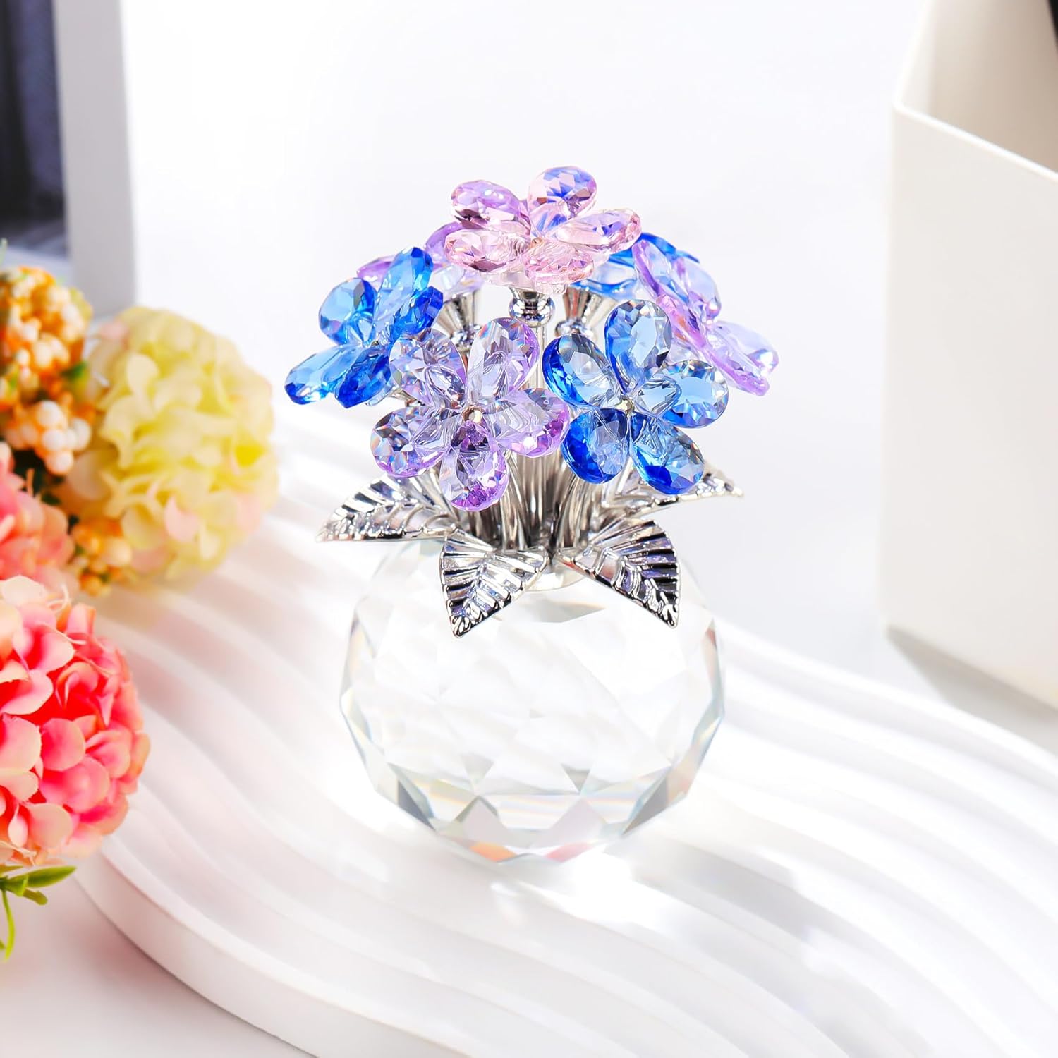 YWHL Colorful Crystal Forget-Me-Not Flower Figurine - Handmade Glass Home Decor | Perfect Gift for Women