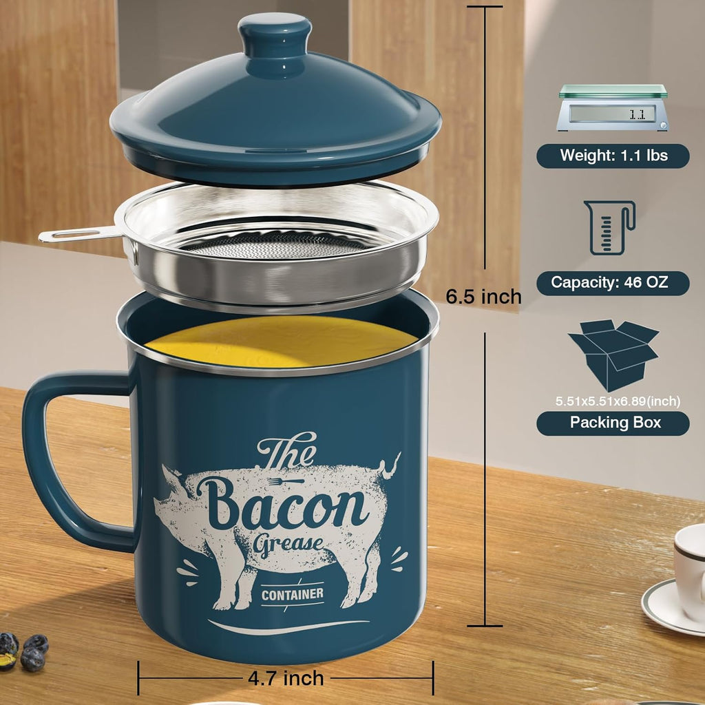 Skiennix Bacon Grease Container - 46oz Enamel Keeper with Strainer & Silicone Spatula | Dishwasher Safe - Blue
