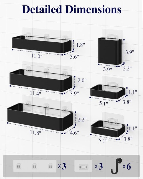 Kitsure Shower Caddy Adhesive - Rustproof 6-Pack No-Drilling Shower Shelves with Soap Holder & Hooks | Large Black Bathroom Organizer