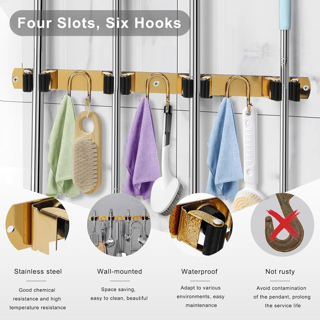 Skiennix Mop Broom Holder - Gold Stainless Steel Wall Mount Organizer with 4 Slots & 6 Hooks for Home Use