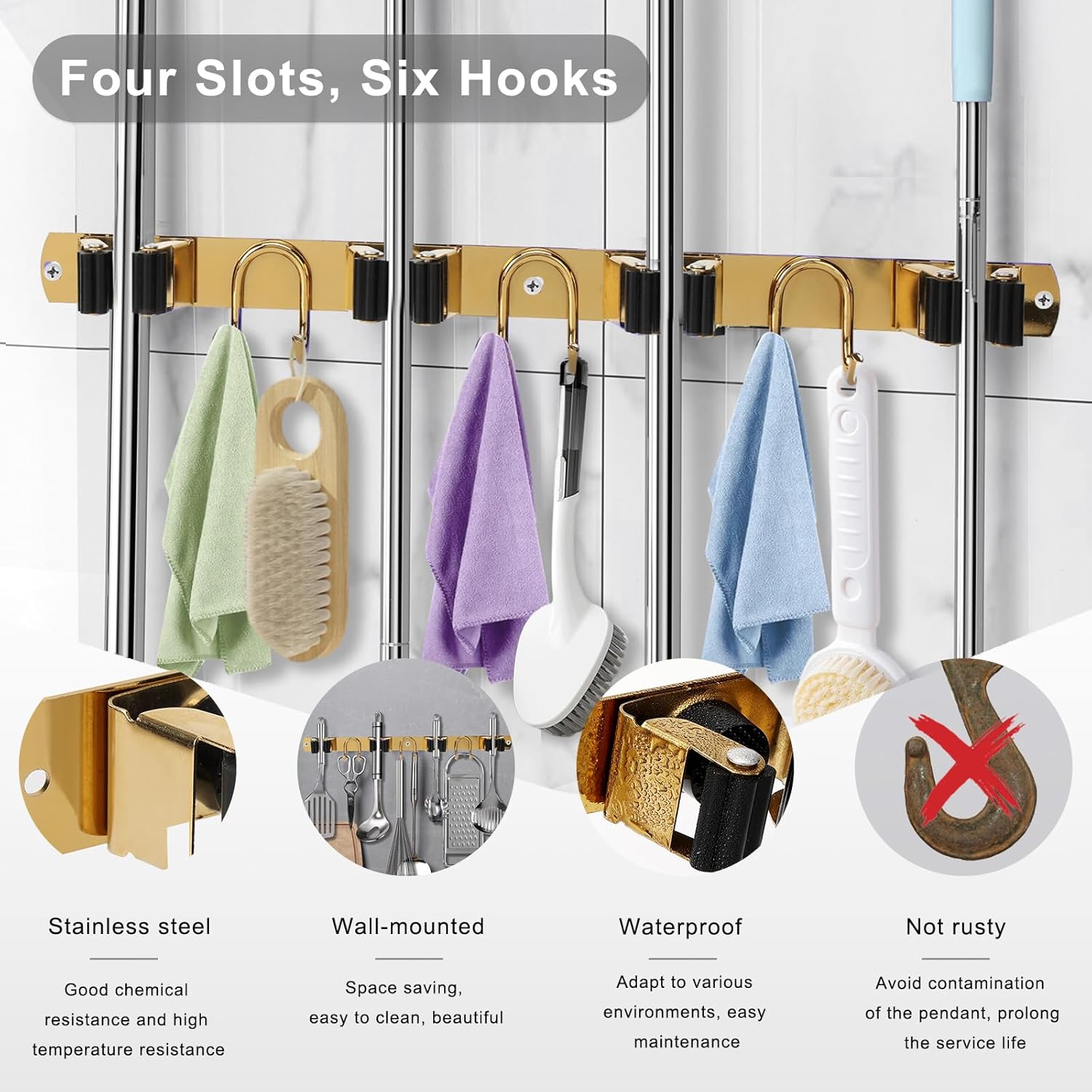 Skiennix Mop Broom Holder - Gold Stainless Steel Wall Mount Organizer with 4 Slots & 6 Hooks for Home Use