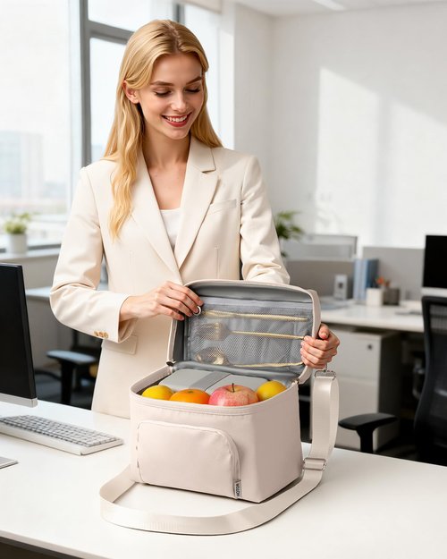 HOTOR Lunch Box for Women - Insulated Lunch Bag with Spacious 8L Capacity, PU Leather Cooler Bag, Water-Resistant & Easy to Clean, Ideal for Work or Everyday Use, Beige, 10.0" x 8.6"x 5.9"