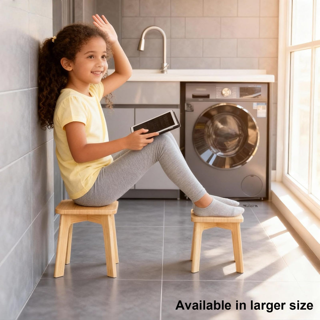 PELYN Small Wooden Step Stool for Kids – Mini Toddler Stool to Sit or Stand – Anti-Slip Bamboo Stool for Bathroom Sink, Potty Training & Kitchen