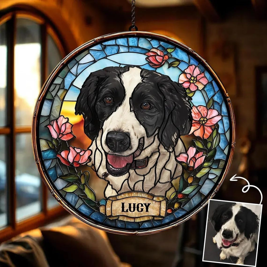 Skiennix Custom Dog Portrait Stained Glass Light Catcher - Pet Memorial Gift | Personalized Tribute