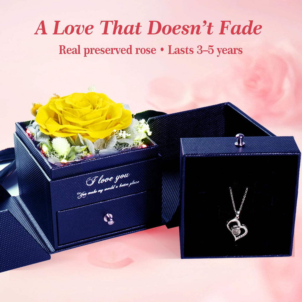 cdco Preserved Real Rose with Heart Necklace – “I Love You” in 100 Languages, Forever Romantic Anniversary Valentines Day Gifts for Her, Women, Wife, Girlfriend