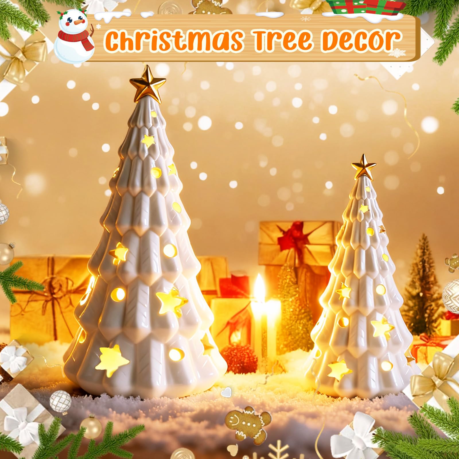 Wowagoga 2 Pcs White Christmas Tree Figurines, Small Xmas Tree with Glossy Finish Table Centerpiece Decor Stars and Dots Cutouts for Home Decoration
