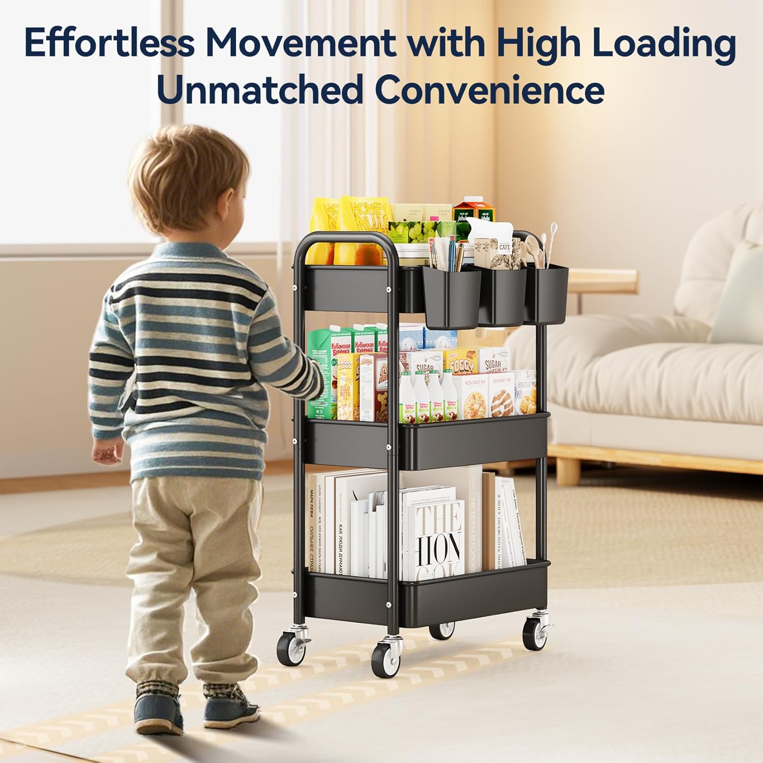 YASONIC 3-Tier Rolling Cart - Heavy-Duty Metal Utility Cart with Wheels & Hooks | Versatile Storage for Kitchen & Office