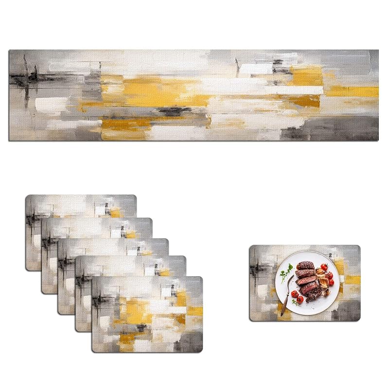 Table Runner & 6 Placemats Set - Yellow 70"X13" Runner + 18"X12" Placemats, Abstract Grey Linen