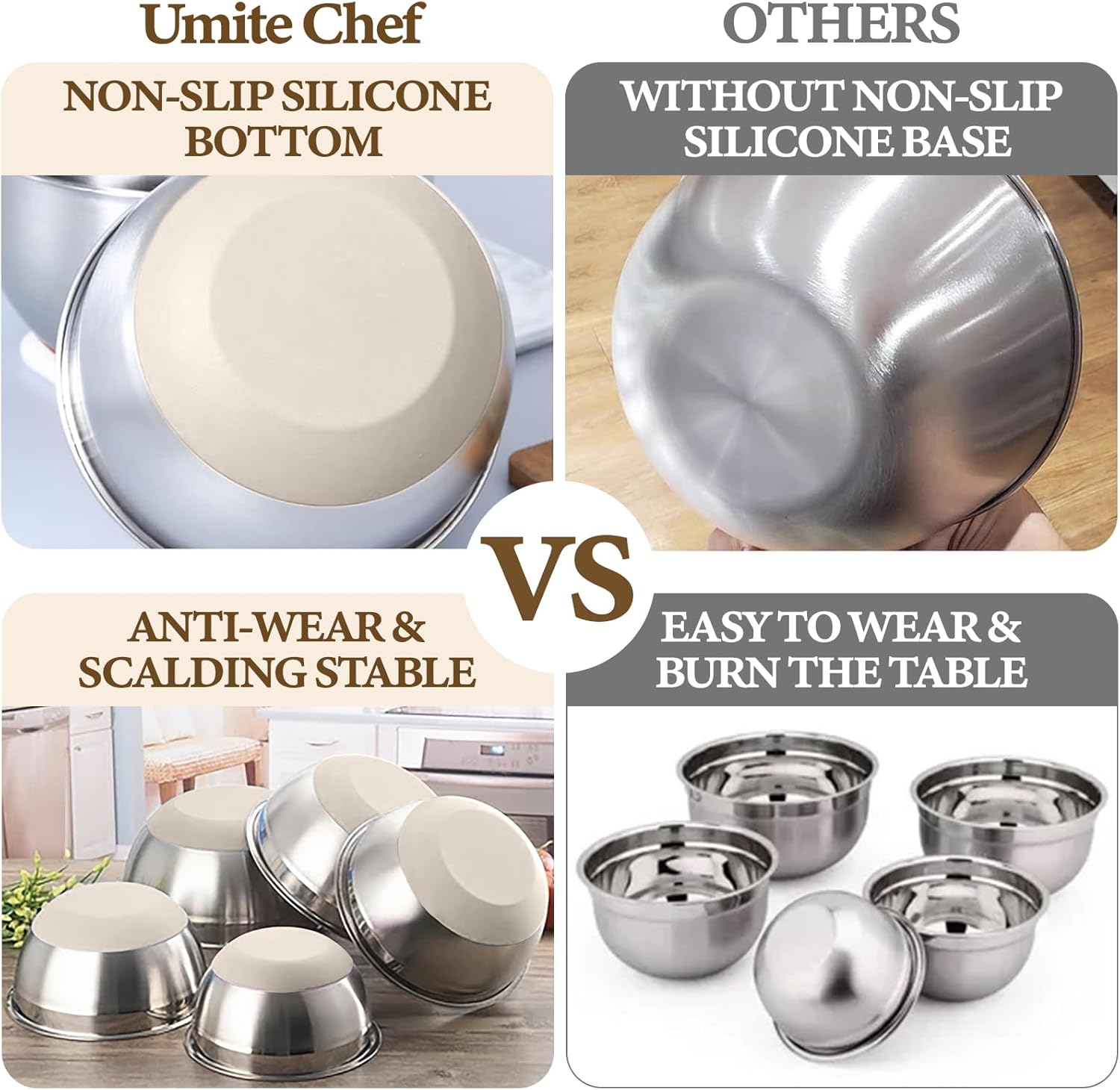 Umite Chef Mixing Bowls Set - 8PCS Stainless Steel Nesting Bowls with Airtight Lids & Grater | Non-Slip Bottoms, Khaki, 1.5QT to 5QT