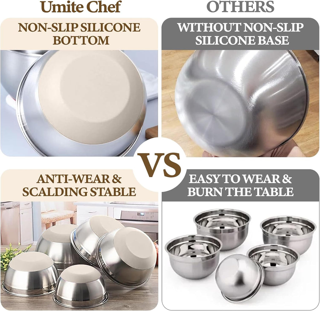Umite Chef Mixing Bowls Set - 8PCS Stainless Steel Nesting Bowls with Airtight Lids & Grater | Non-Slip Bottoms, 1.5QT to 5QT