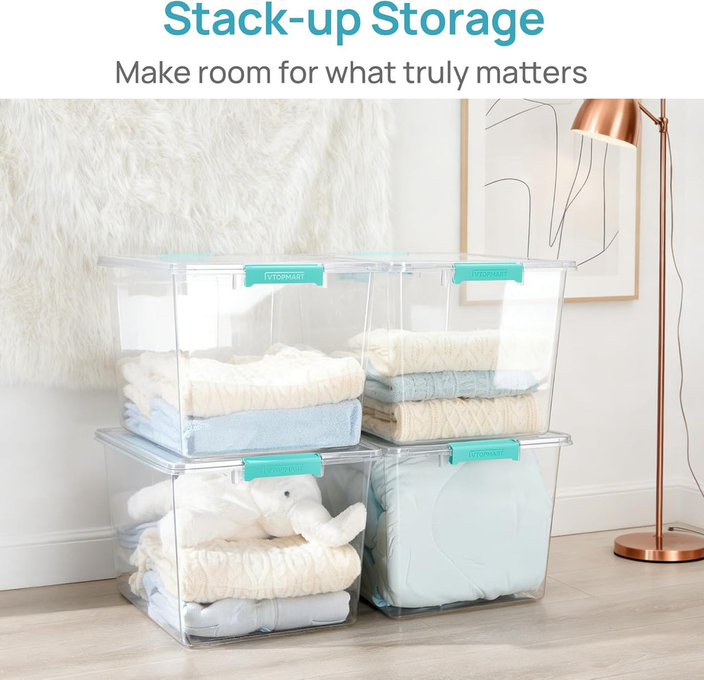 Vtopmart 72 QT Crystal Clear Storage Bins - 2 Pack Stackable Latching Containers for Closet & Bedroom Organization