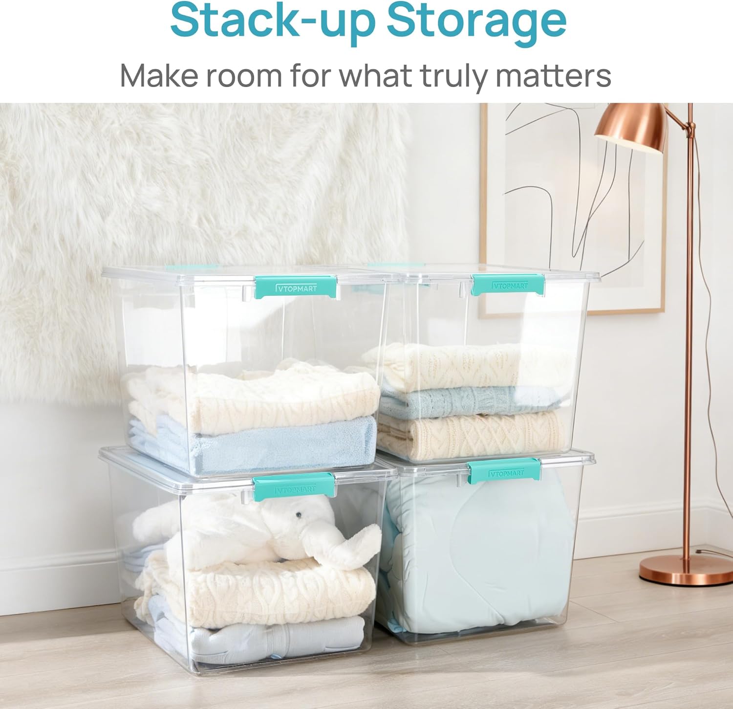 Vtopmart 72 QT Crystal Clear Storage Bins - 2 Pack Stackable Latching Containers for Closet & Bedroom Organization