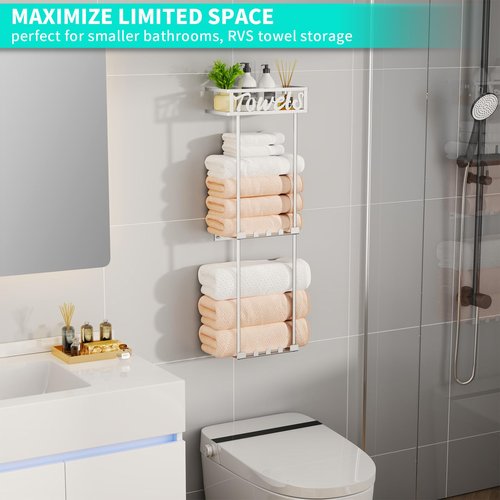 HapiRm Towel Rack Bathroom Storage - 3 Tier Over The Door & Wall Mounted Rolled Towel Racks Holder Organizer with Metal Shelf and 6 Hooks for Small Bathroom, Camper, Rv - Sliver